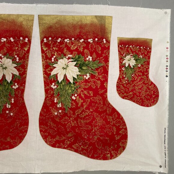 Vintage Cut and Sew Christmas Stockings Red Poinsettia Flower Gold Holly #K1 - Picture 2 of 11